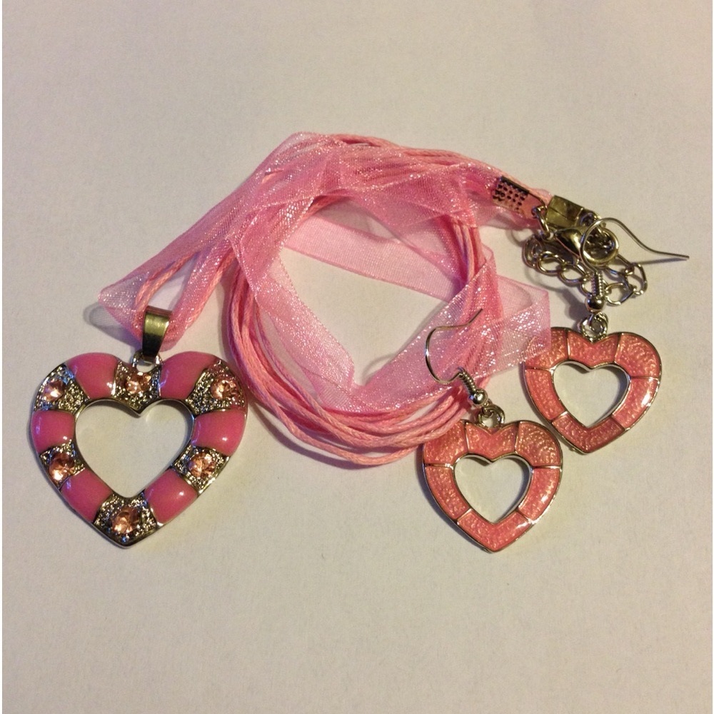 New 3 Piece Pink Heart Cord and Chiffon Necklace With Matching Earrings